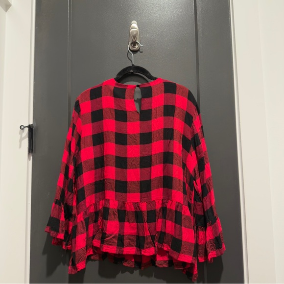 Buffalo plaid ruffle peplum long sleeve red black blouse L - Picture 8 of 9